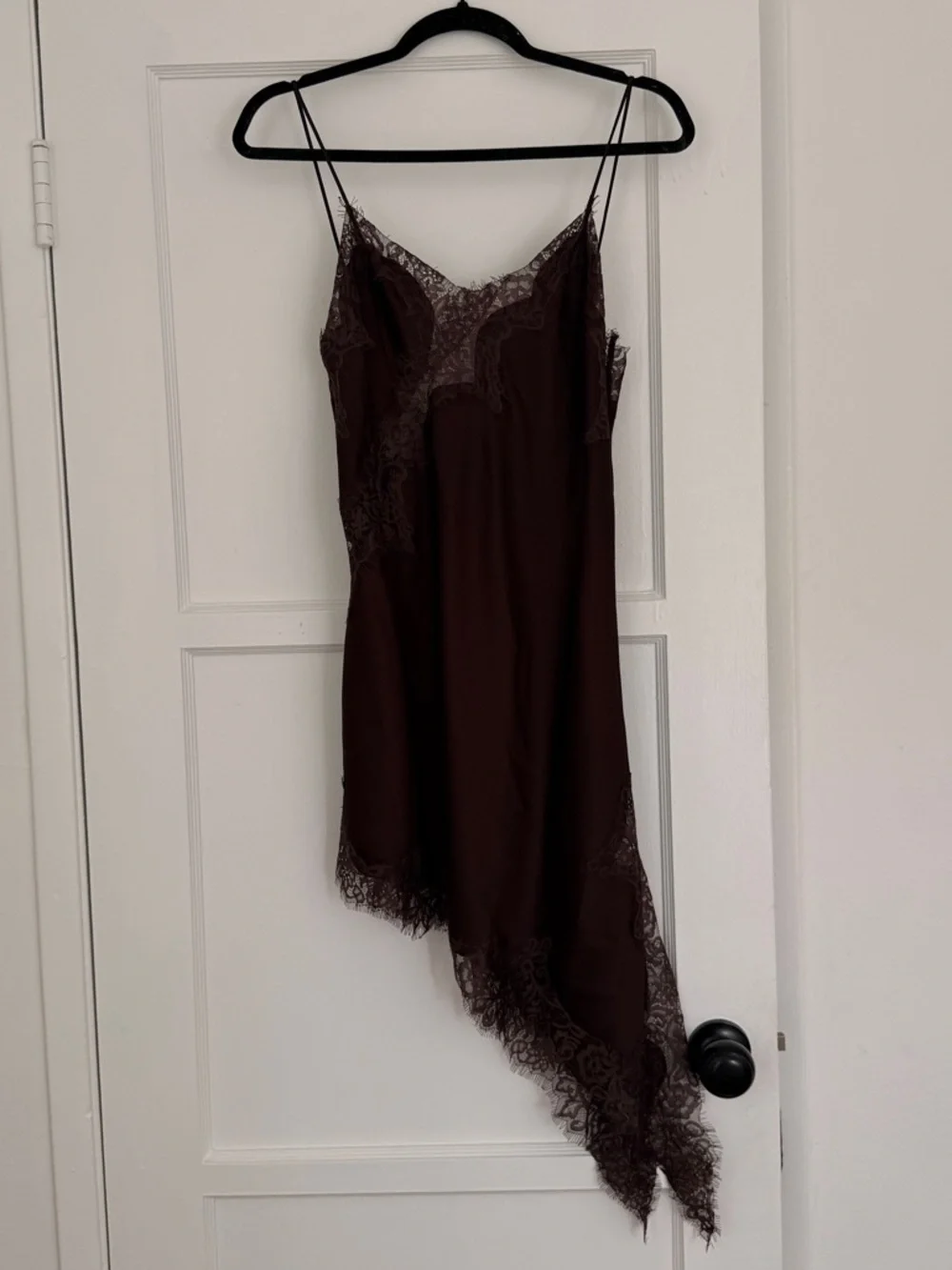 chocolate brown lace asymmetrical mini slip dress - Picture 1 of 5